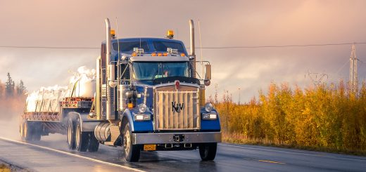 Truck driving on the road in Alaska