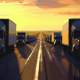 Semis on highway in platoon at sunrise, anime oil painting, high resolution, ghibli inspired, 4k