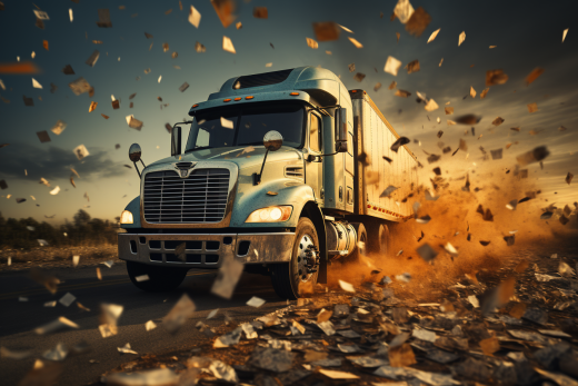 Cash falling around a heavy duty truck driving