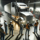 A scene in a spacious garage with workers, wearing caps. They are focused on a large, realistic heavy-duty truck.