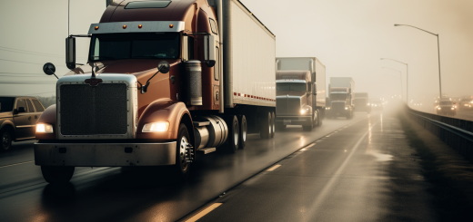 Various trucks driving on a highway in the rain