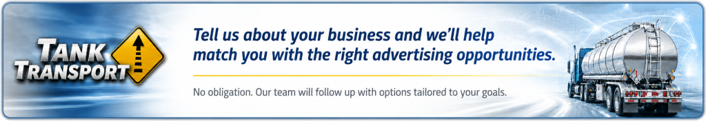 Tank Transport advertising banner with tanker trailer, company logo, and message inviting businesses to request tailored advertising opportunities.
