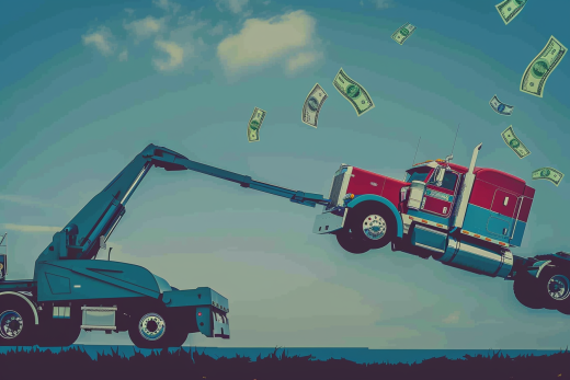 Semi Truck getting towed with cash falling out of sky