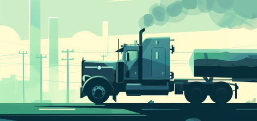 Truck emissions coming from truck on road with stacks in background in artistic render