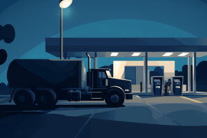 Diesel Fuel Cost Management: Objective Analysis and 7 Powerful Insights 5 Nighttime scene of a dark tanker truck parked at a well-lit fuel station.