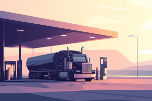 Diesel Fuel Cost Management: Objective Analysis and 7 Powerful Insights 7 Minimalist illustration of a black tanker truck parked under a fuel station canopy with warm pastel hues.