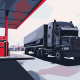 Black semi-truck at a red-roofed station, depicted in a clean, minimalist style.