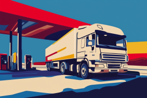 Diesel Fuel Cost Management: Objective Analysis and 7 Powerful Insights 6 Bold, graphic-style scene of a white trailer truck under a bright red station canopy against a blue and yellow backdrop.