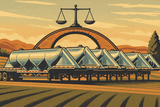 Pneumatic tank trailers with a scale and bridge in background