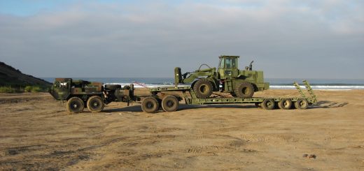 The M870A2-S is a three axle Medium Heavy Equipment Transporter (MHET) designed to haul a payload of 80,000 lbs. (40-ton) in conjunction with an LVS MK48/MK16 fifth wheel truck tractor, LVSR tractor, or a M931A2 truck tractor. Most of the specifications for the M870A2S are identical to the M870A2 except for: Updated with Anti-lock Brake System (ABS); Updated with air ride suspension: air springs, shock absorbers, and height control value: and Non-Driving Tapered spindle axles. Marine Corps Base, Camp Pendleton, CA.