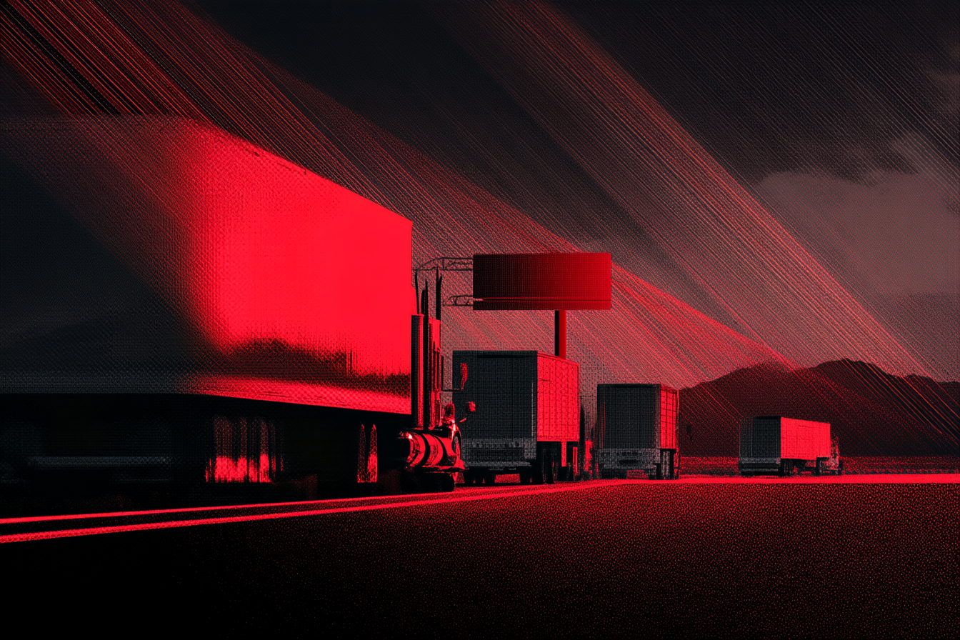 Red cast on trucks driving on highway