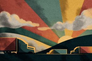 Great Freight Recession 2025 – Grim Unprecedented Downturn Continues (3-Year Slump in Trucking) 6 Trucks driving with retro sunshine and hills in background