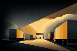 Great Freight Recession 2025 – Grim Unprecedented Downturn Continues (3-Year Slump in Trucking) 2 Ray of sunshine cast on trucks and trailers on background with clouds