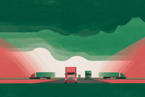 Great Freight Recession 2025 – Grim Unprecedented Downturn Continues (3-Year Slump in Trucking) 9 Red and green trucks drive in different directions
