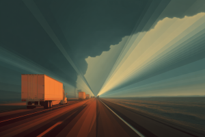 Great Freight Recession 2025 – Grim Unprecedented Downturn Continues (3-Year Slump in Trucking) 4 Trucks driving on highway toward a single point