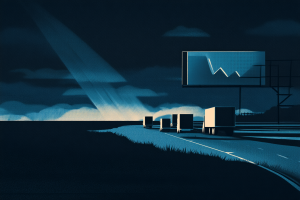 Great Freight Recession 2025 – Grim Unprecedented Downturn Continues (3-Year Slump in Trucking) 1 Great Freight Recession 2025 shown by Trucks driving toward sunset rays with graph on sign