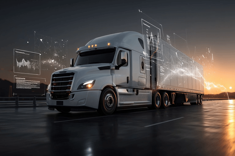 Truck semi and trailer with various telematics surrounding it