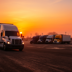 FMCSA Training Provider Registry Crackdown – Sweeping 2025 Enforcement Removes 244 Providers 4 Fleet of semi-trucks parked in a large lot at sunrise, with orange and pink skies casting warm light on the trucks and asphalt.