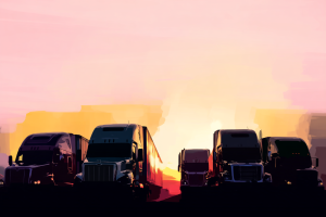 FMCSA Training Provider Registry Crackdown – Sweeping 2025 Enforcement Removes 244 Providers 2 Illustrated scene of a line of heavy-duty trucks facing the viewer against a bright sunrise sky with orange and pink tones.