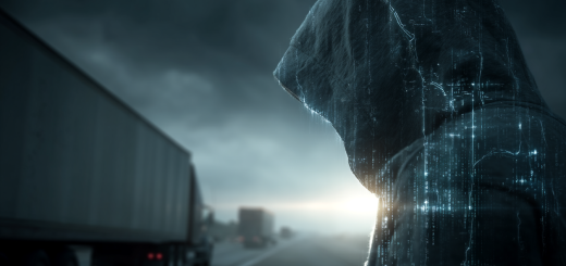 Digital hooded hacker silhouette overlooking semi‑trucks on a stormy highway.