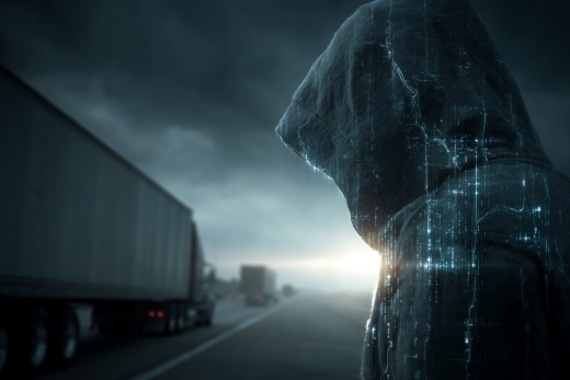 Digital hooded hacker silhouette overlooking semi‑trucks on a stormy highway.