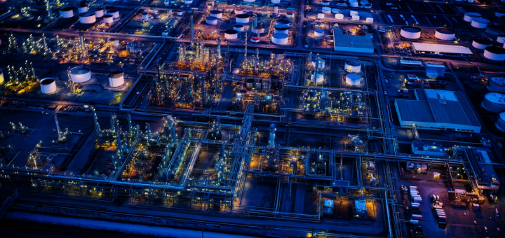Aerial shot of a refinery at night