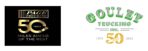 Page Trucking and Goulet Trucking merger graphic with company marks and anniversary branding