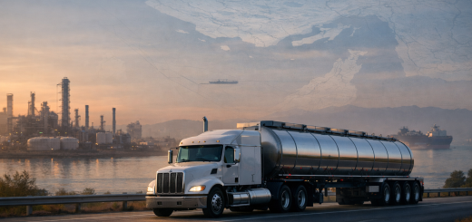 Stainless steel fuel tanker semi-truck driving on a highway at sunrise with a refinery skyline and distant cargo ships on calm water.