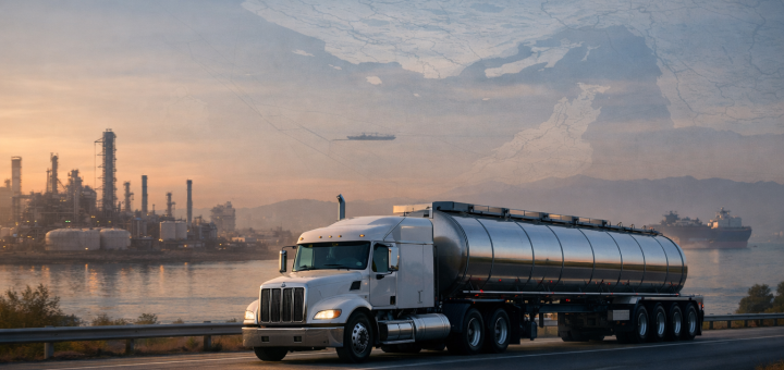 Stainless steel fuel tanker semi-truck driving on a highway at sunrise with a refinery skyline and distant cargo ships on calm water.