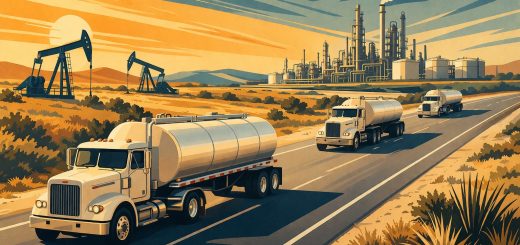 A 1960s-style editorial illustration showing three tanker trucks spaced along a curving California highway, with pumpjacks in a dry oil field, a coastal refinery, water, pipelines, mountains, and a warm sunset sky.