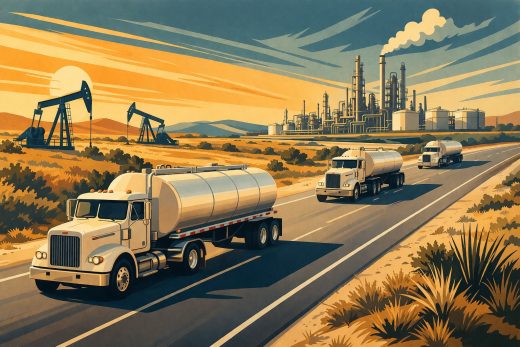 A 1960s-style editorial illustration showing three tanker trucks spaced along a curving California highway, with pumpjacks in a dry oil field, a coastal refinery, water, pipelines, mountains, and a warm sunset sky.