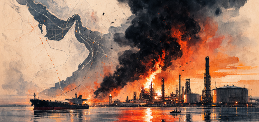 Editorial illustration of a coastal oil refinery on fire beside Gulf waters, with black smoke rising over tanks and towers, while a large tanker moves through mapped shipping lanes.