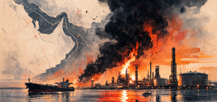 Editorial illustration of a coastal oil refinery on fire beside Gulf waters, with black smoke rising over tanks and towers, while a large tanker moves through mapped shipping lanes.
