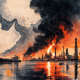 Editorial illustration of a coastal oil refinery on fire beside Gulf waters, with black smoke rising over tanks and towers, while a large tanker moves through mapped shipping lanes.