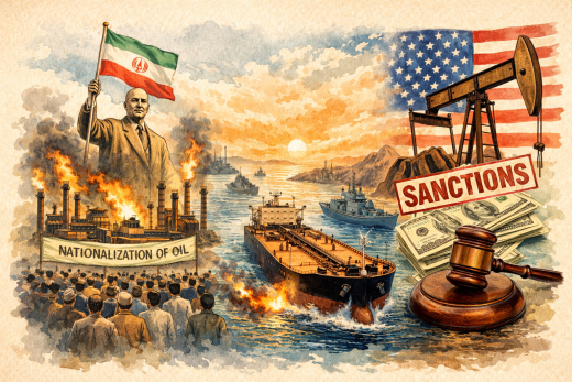 Vintage-style editorial illustration showing a political figure with an Iranian flag beside a burning refinery, an oil tanker moving through a narrow strait, and a pumpjack, U.S. flag, money, gavel, and sanctions stamp.