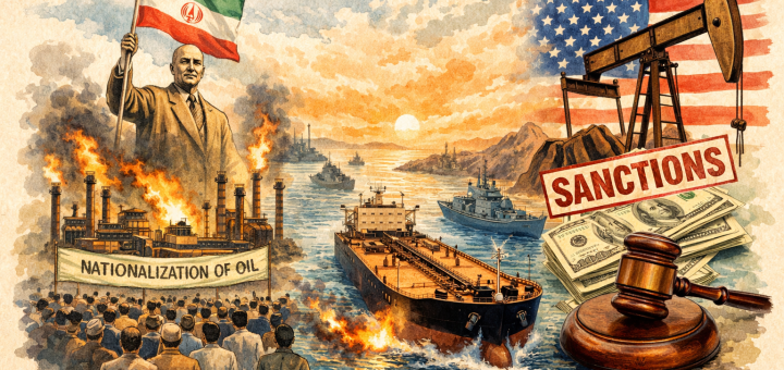 Vintage-style editorial illustration showing a political figure with an Iranian flag beside a burning refinery, an oil tanker moving through a narrow strait, and a pumpjack, U.S. flag, money, gavel, and sanctions stamp.
