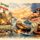 Vintage-style editorial illustration showing a political figure with an Iranian flag beside a burning refinery, an oil tanker moving through a narrow strait, and a pumpjack, U.S. flag, money, gavel, and sanctions stamp.