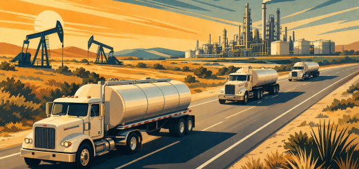 A 1960s-style editorial illustration showing three tanker trucks spaced along a curving California highway, with pumpjacks in a dry oil field, a coastal refinery, water, pipelines, mountains, and a warm sunset sky.