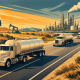 A 1960s-style editorial illustration showing three tanker trucks spaced along a curving California highway, with pumpjacks in a dry oil field, a coastal refinery, water, pipelines, mountains, and a warm sunset sky.