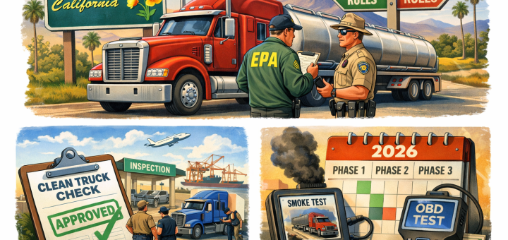 Clean Truck Check Disapproval shown by Clean Truck Check highway sign with arrows pointing to federal rejection and state enforcement over a trucking backdrop.