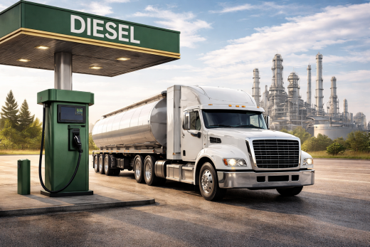 Diesel trucking costs hero image showing a white semi-truck with a tanker trailer at a diesel station with a refinery in the background.