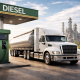 Diesel trucking costs hero image showing a white semi-truck with a tanker trailer at a diesel station with a refinery in the background.