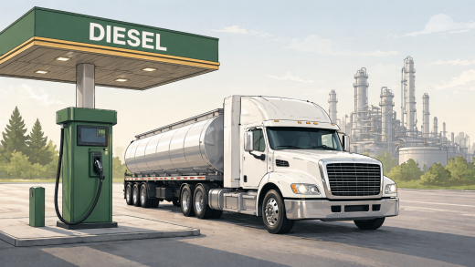 Diesel trucking costs hero image showing a white semi-truck with a tanker trailer at a diesel station with a refinery in the background.