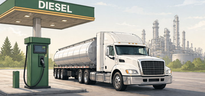 Diesel trucking costs hero image showing a white semi-truck with a tanker trailer at a diesel station with a refinery in the background.