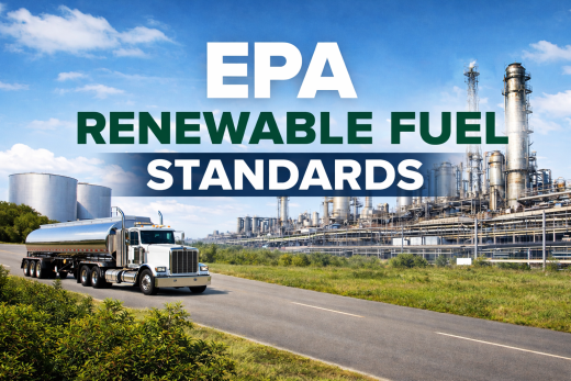 EPA renewable fuel standards hero image showing an American fuel tanker truck driving past fuel storage tanks and a refinery complex under a blue sky.