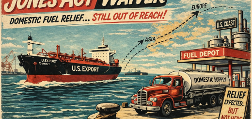 Retro 1950s-style illustration of a Jones Act waiver scene, with an export tanker leaving port while a domestic fuel truck waits at a depot, symbolizing stalled U.S. fuel relief.