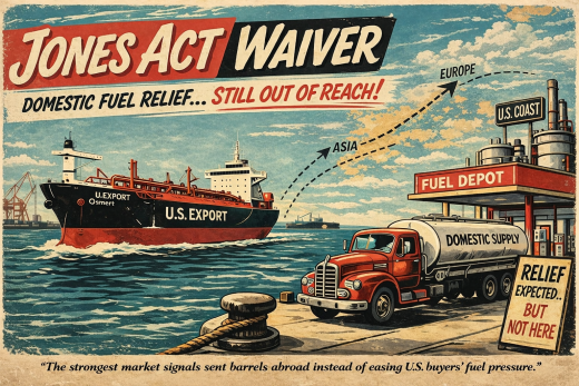 Retro 1950s-style illustration of a Jones Act waiver scene, with an export tanker leaving port while a domestic fuel truck waits at a depot, symbolizing stalled U.S. fuel relief.