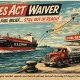 Retro 1950s-style illustration of a Jones Act waiver scene, with an export tanker leaving port while a domestic fuel truck waits at a depot, symbolizing stalled U.S. fuel relief.