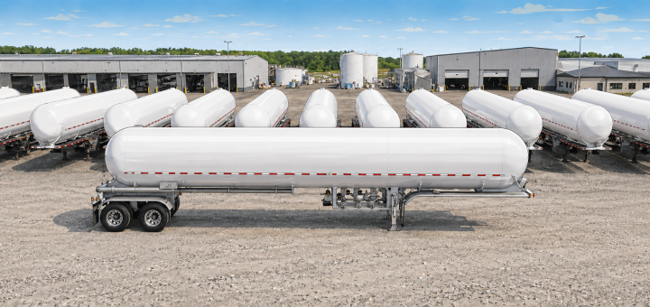 Illustrated wide aerial view of multiple white MC 331-style LPG cargo tank trailers lined up in an industrial yard, with warehouses and storage tanks in the background.