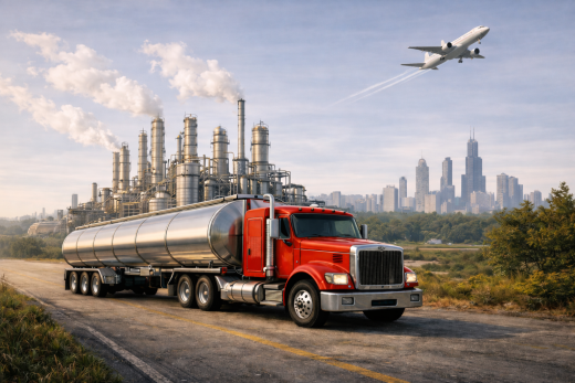 Midwest Fuel Supply Squeeze scene with a red tanker truck, refinery towers, Chicago skyline, and a passenger jet in a pale blue sky